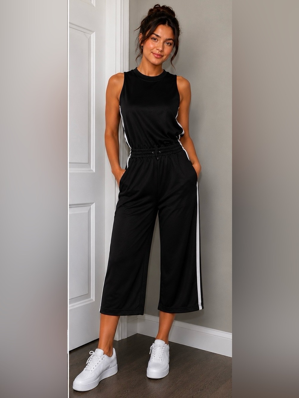 Sleeveless Black Wide-Leg Jumpsuit with Side Stripe